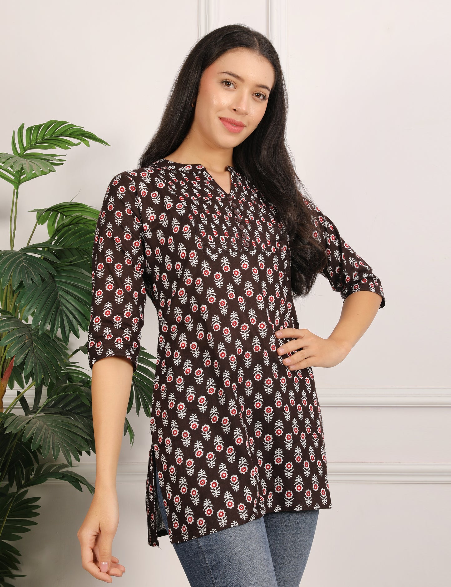 COFFEE BROWN BLOCK PTINT KURTI