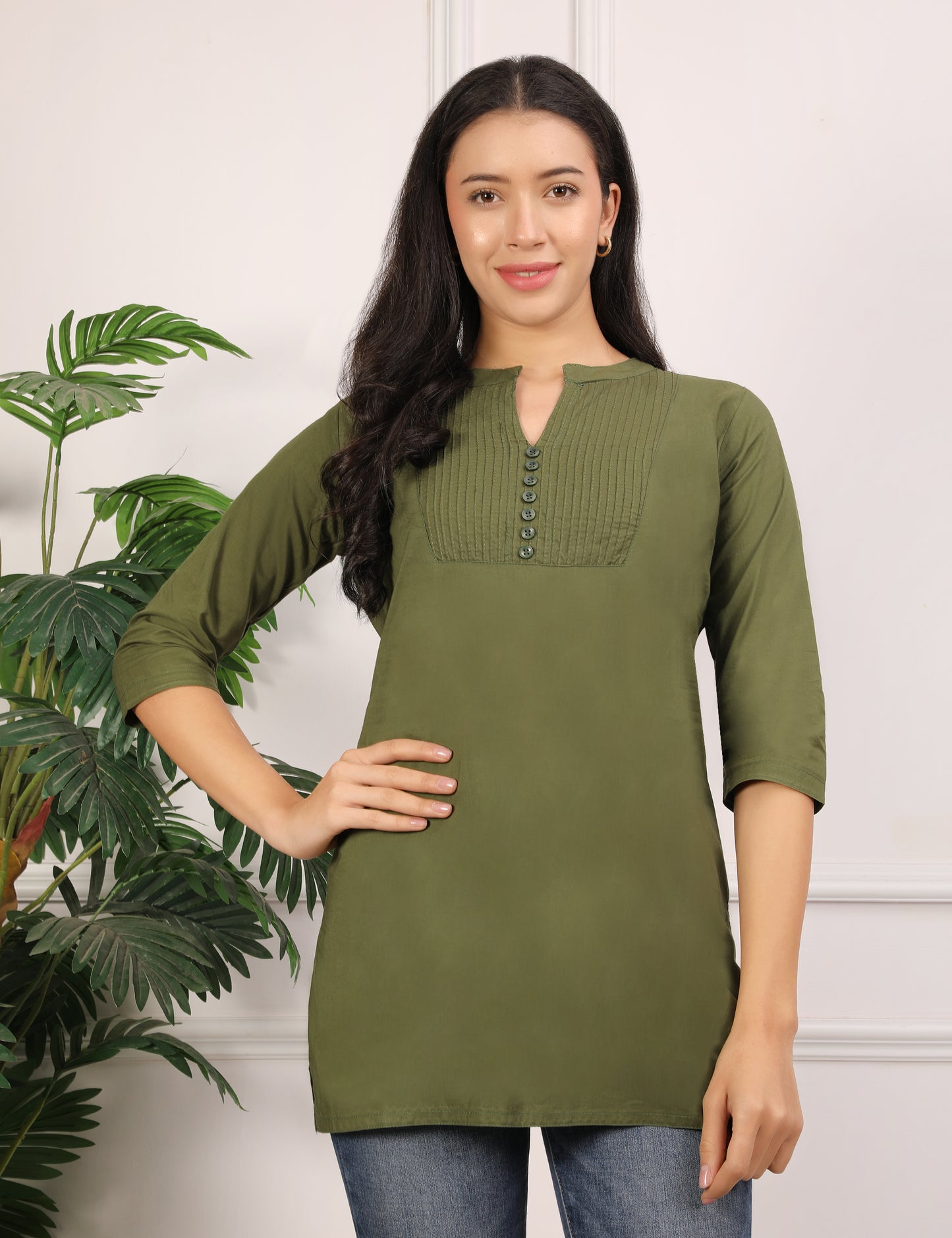 OLIVE GREEN SOILD COLOUR SHORT KURTI