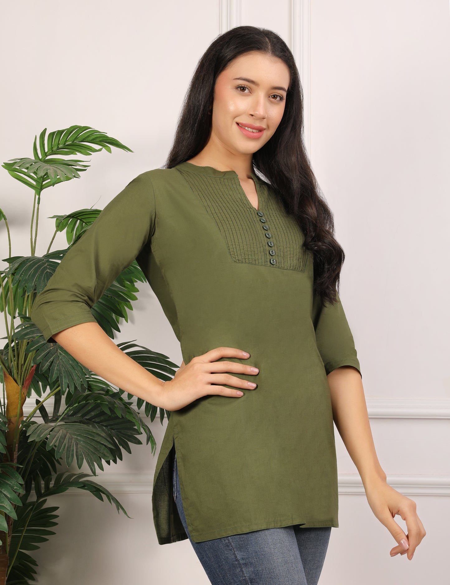 OLIVE GREEN SOILD COLOUR SHORT KURTI