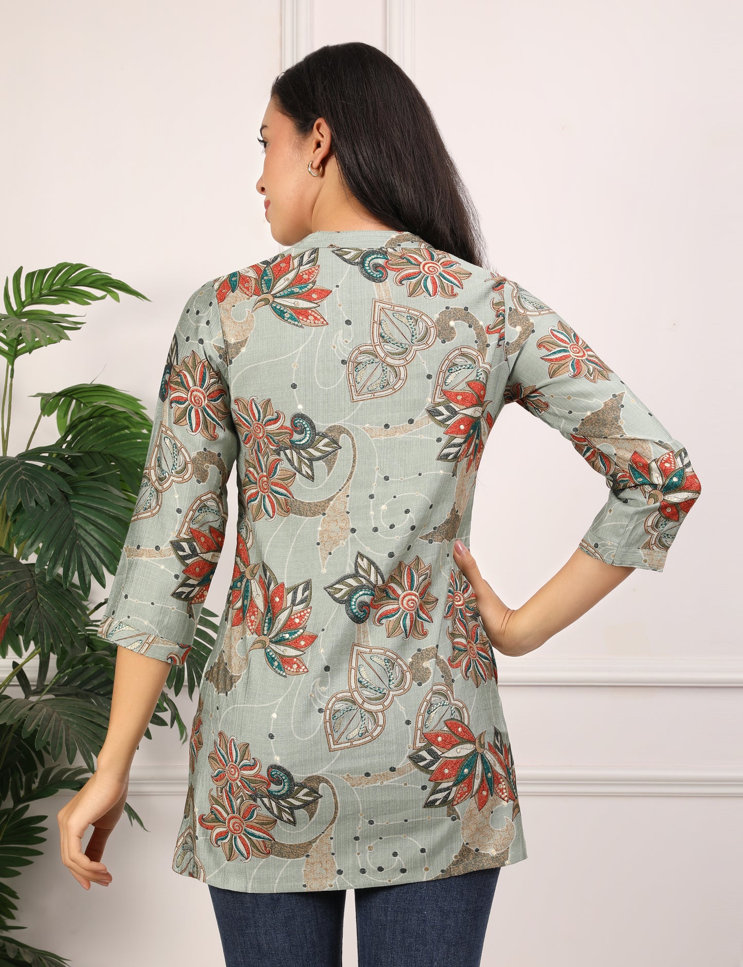SAGE GREEN COTTON PRINT SHORT KURTI