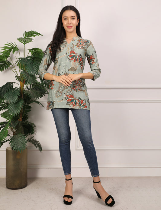 SAGE GREEN COTTON PRINT SHORT KURTI