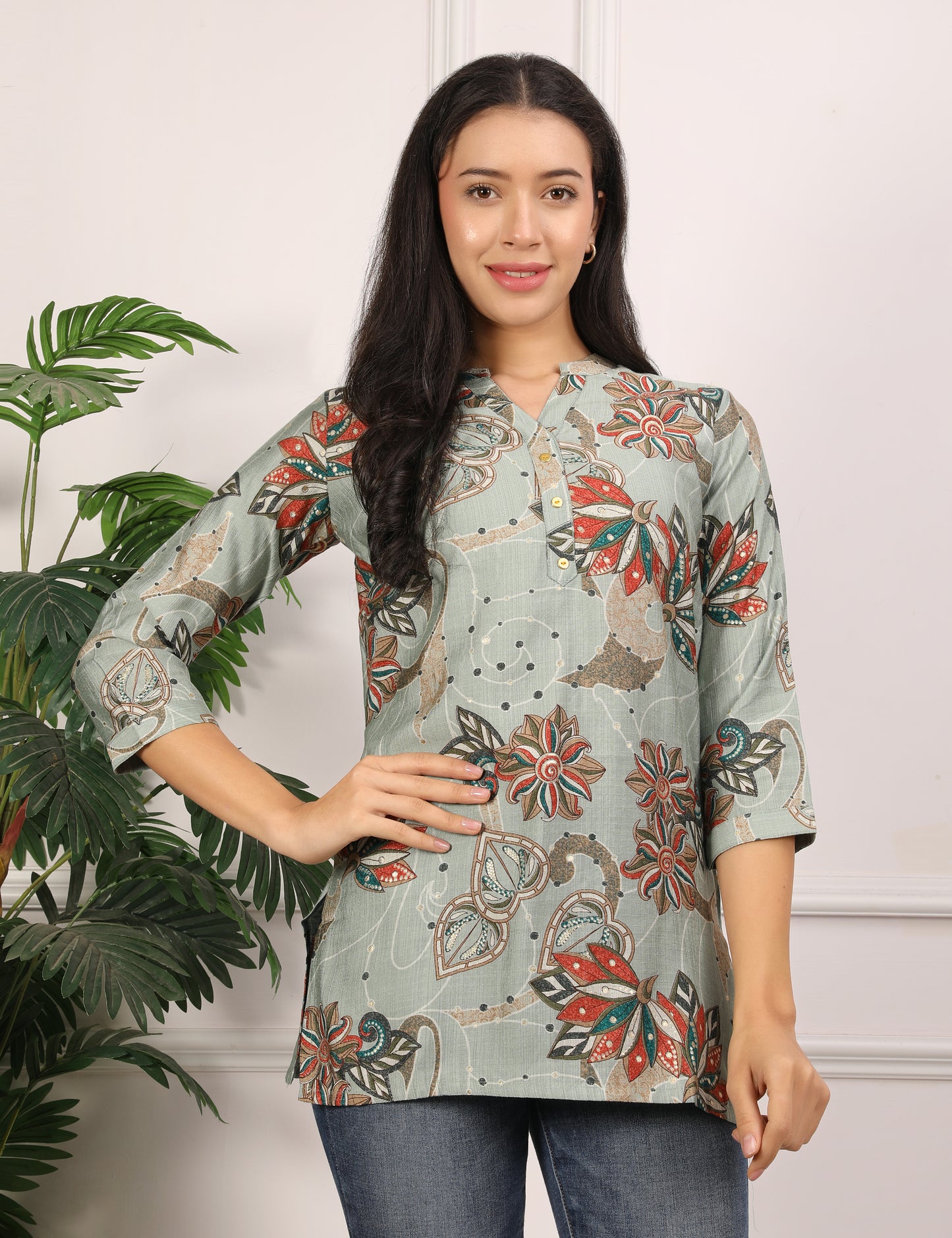 SAGE GREEN COTTON PRINT SHORT KURTI