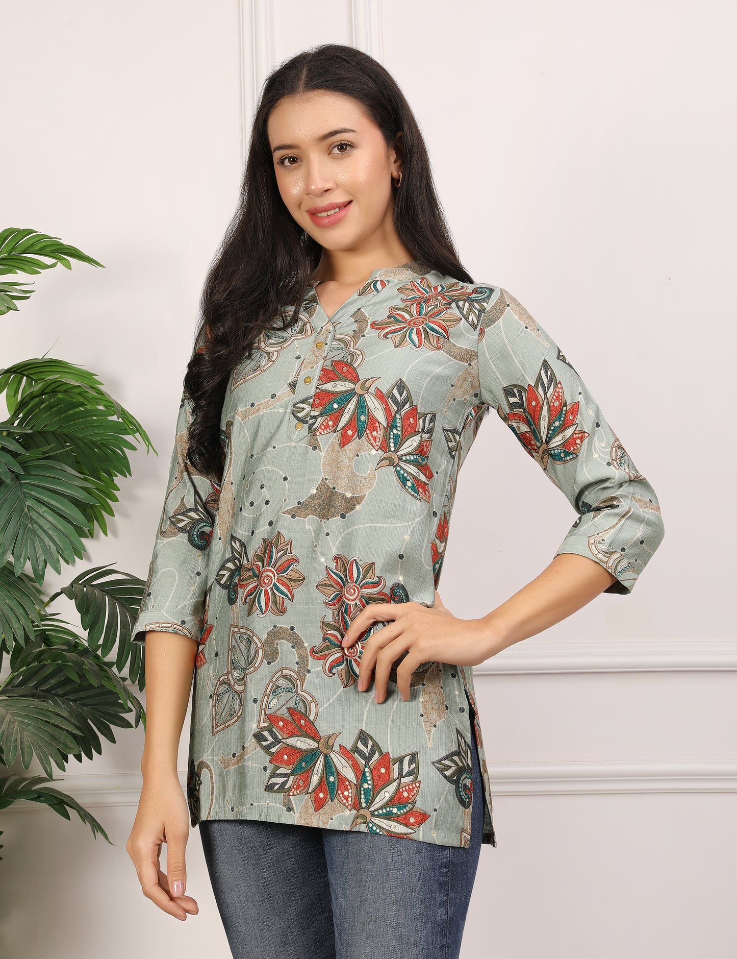 SAGE GREEN COTTON PRINT SHORT KURTI