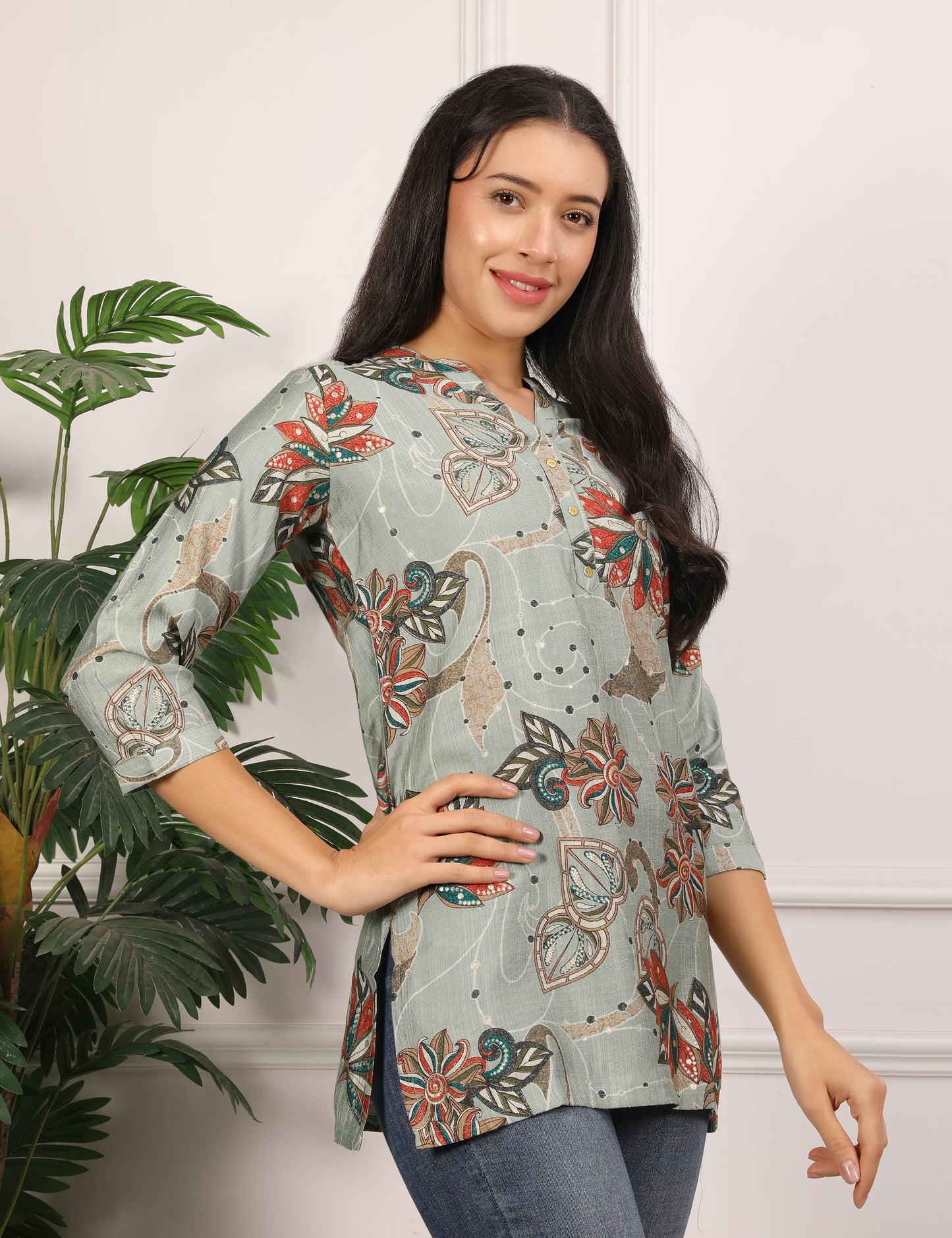 SAGE GREEN COTTON PRINT SHORT KURTI