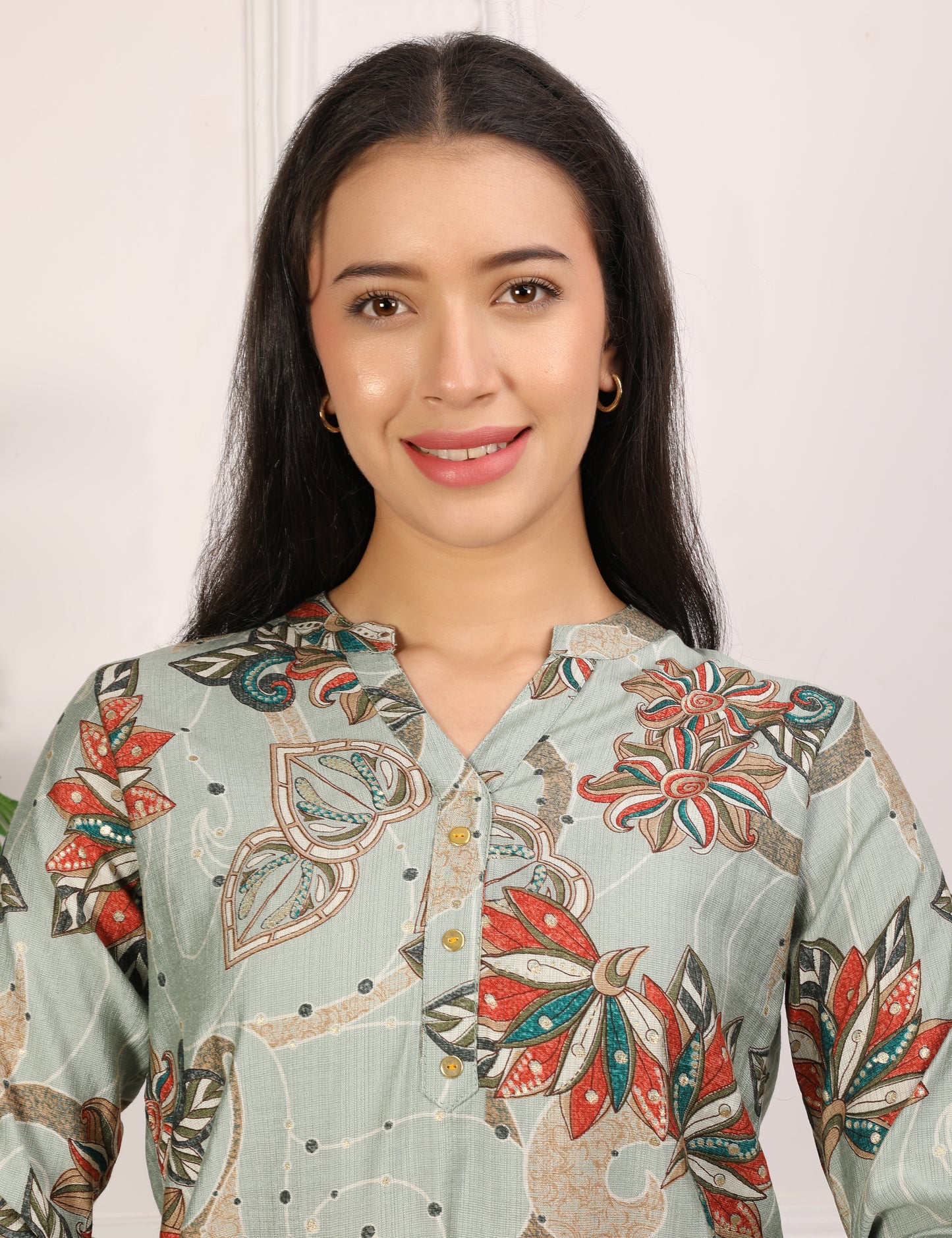 SAGE GREEN COTTON PRINT SHORT KURTI