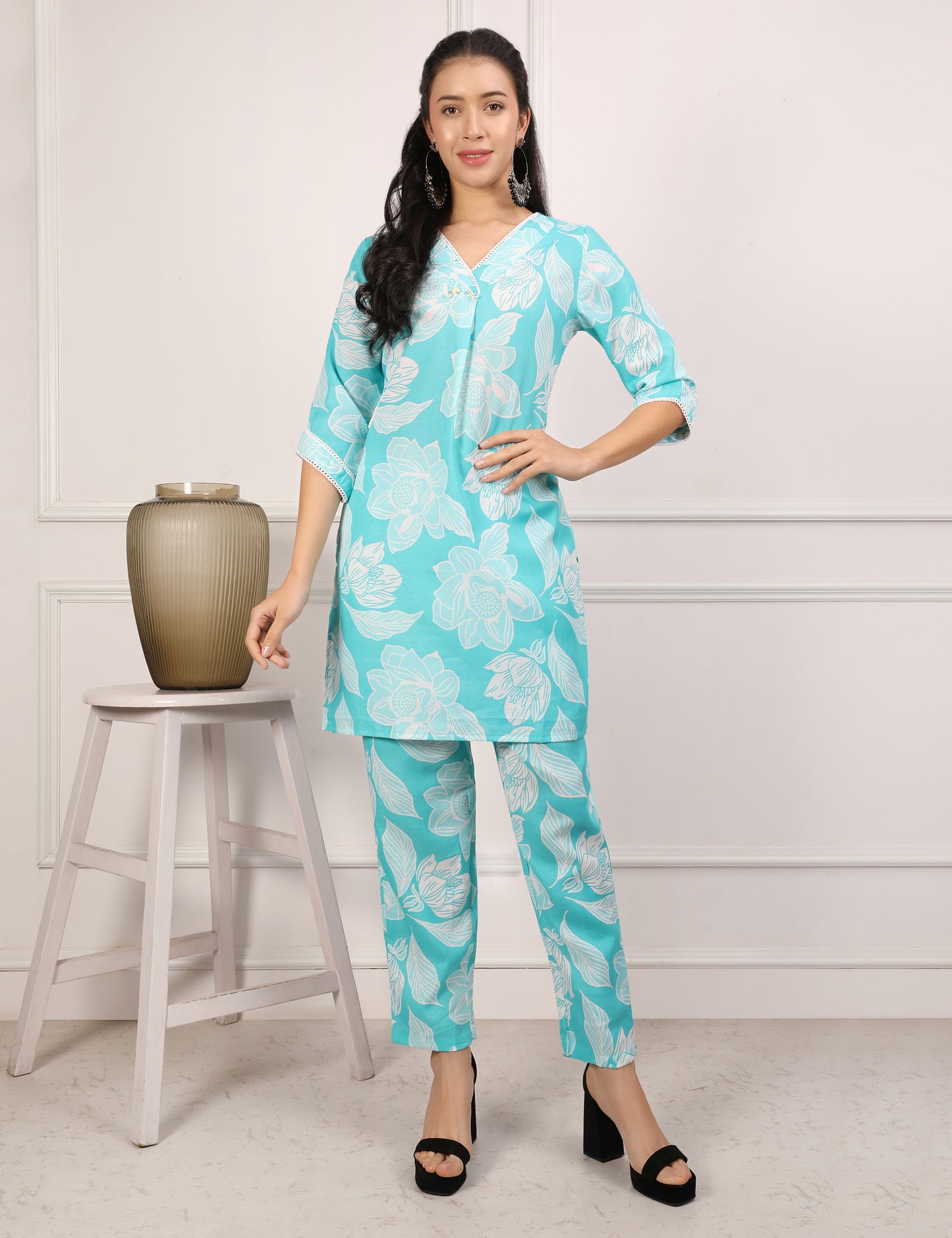 AQUA BLUE COTTON PRINT CO-ORD SET