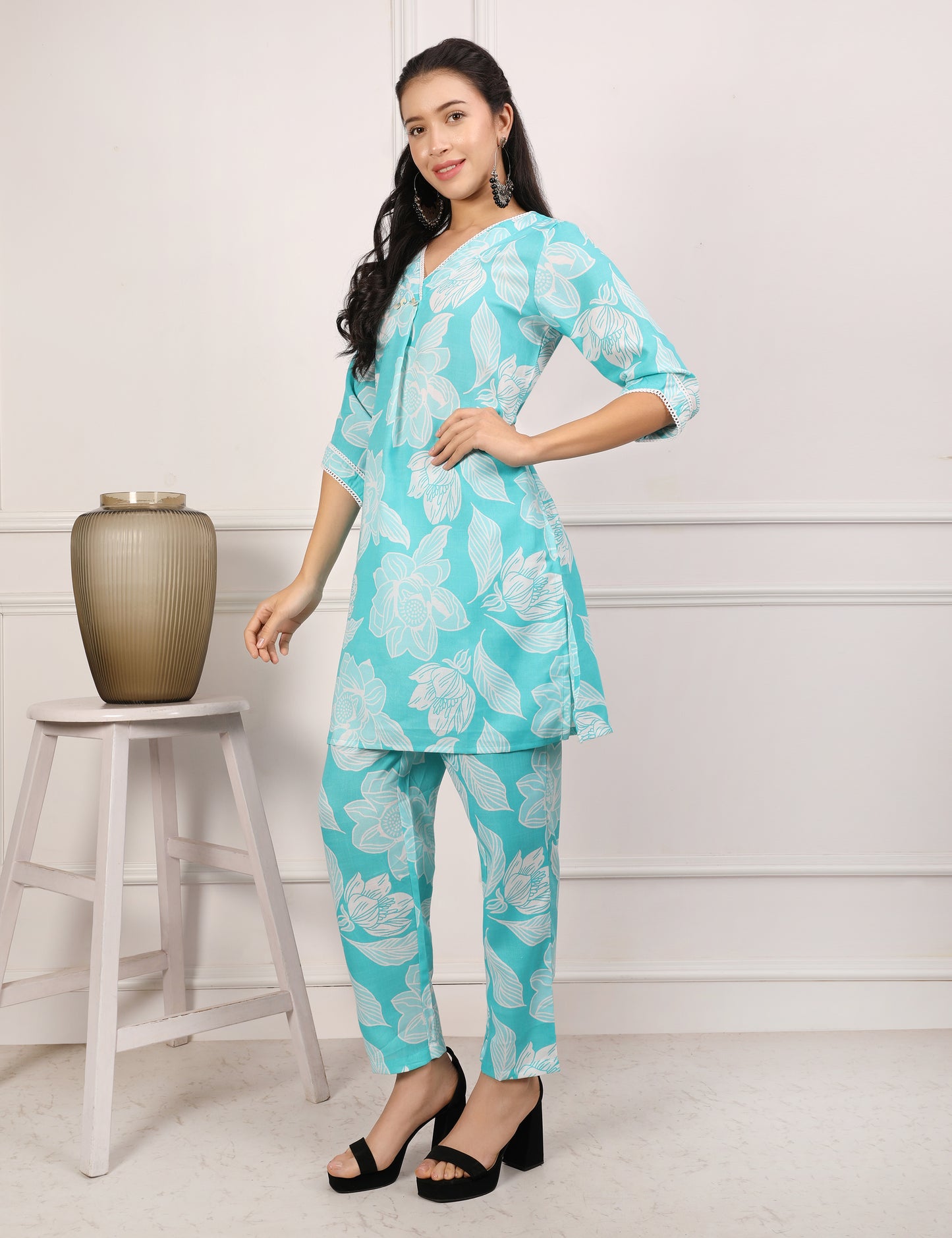 AQUA BLUE COTTON PRINT CO-ORD SET