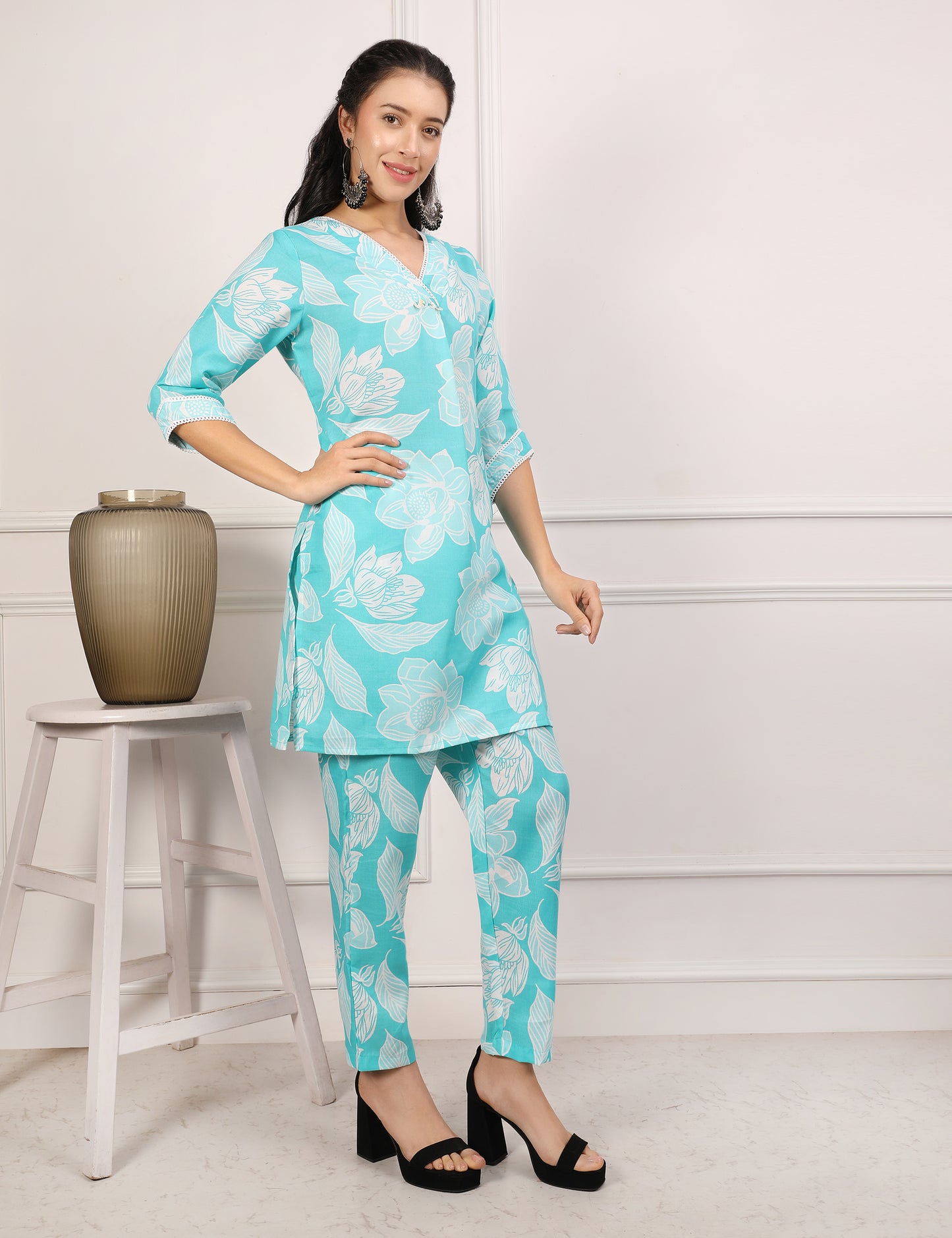 AQUA BLUE COTTON PRINT CO-ORD SET
