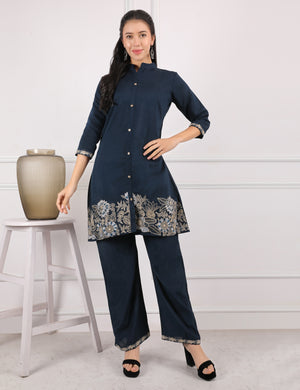 NAVY BLUE COTTON EMB CO ORD SET