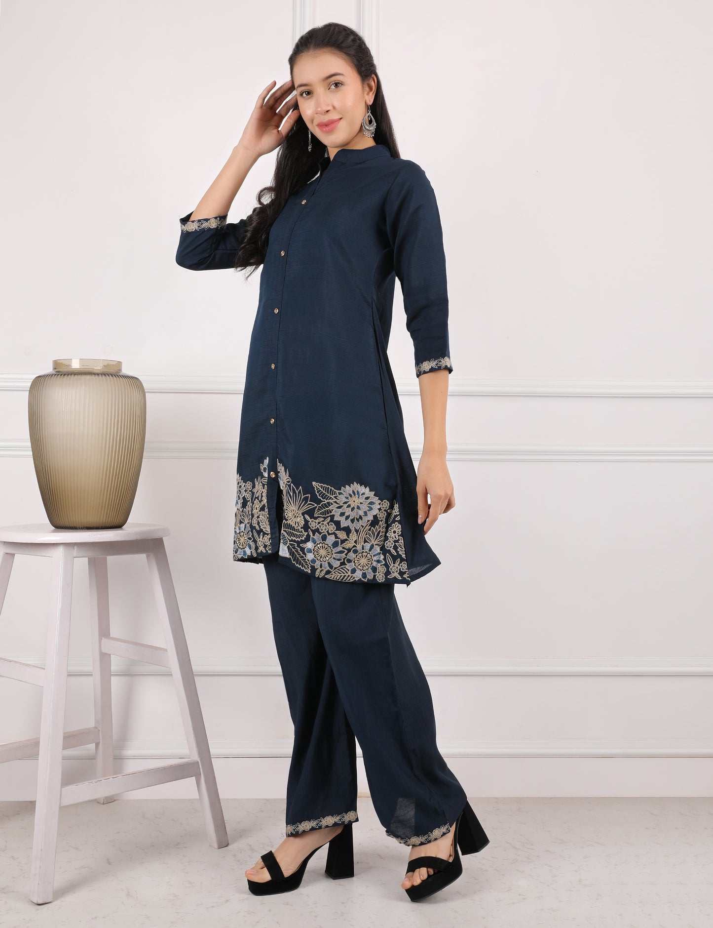 NAVY BLUE COTTON EMB CO ORD SET