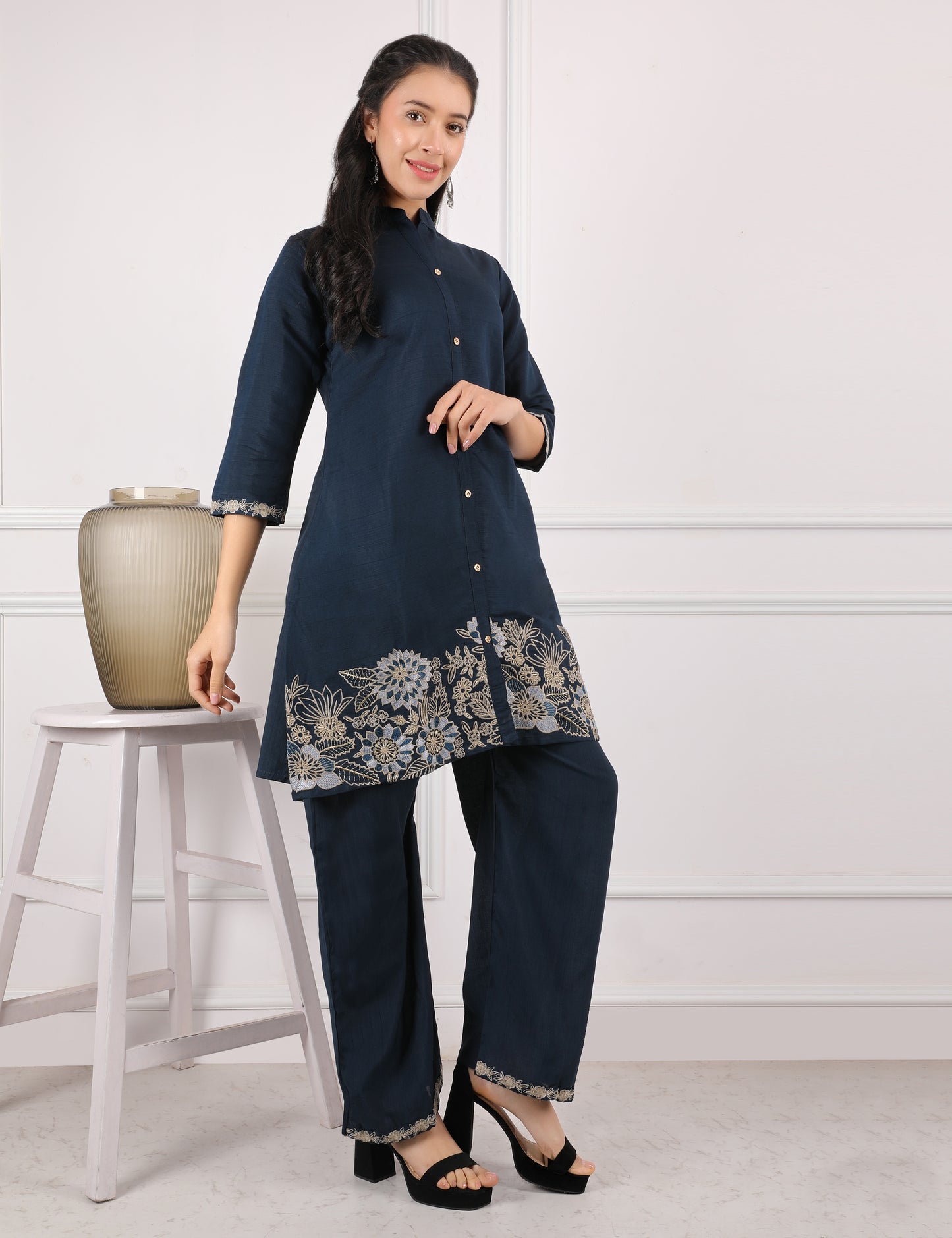 NAVY BLUE COTTON EMB CO ORD SET