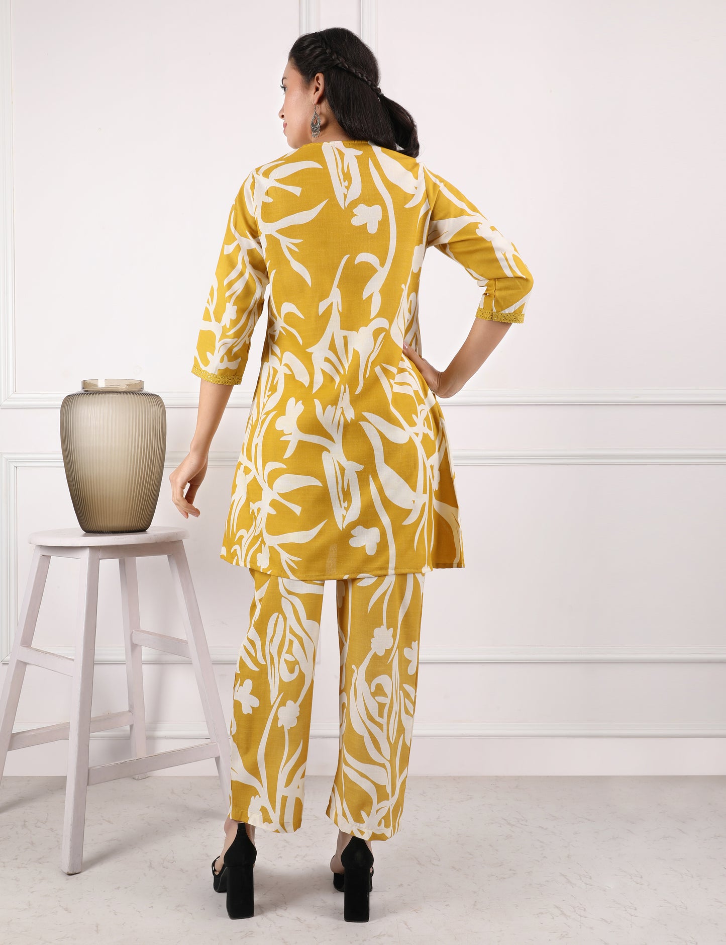 MUSTARD YELLOW COTTON PRINT CO ORD SET