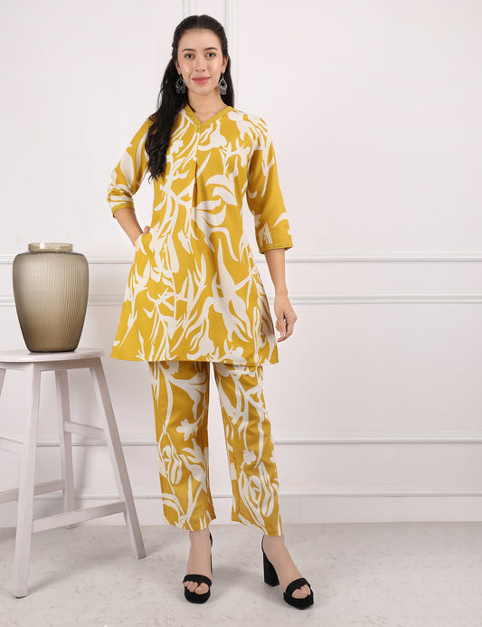 MUSTARD YELLOW COTTON PRINT CO ORD SET