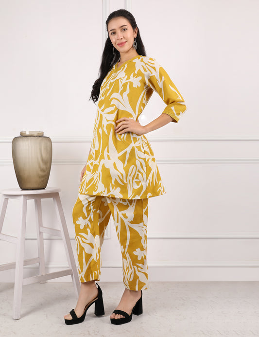 MUSTARD YELLOW COTTON PRINT CO ORD SET
