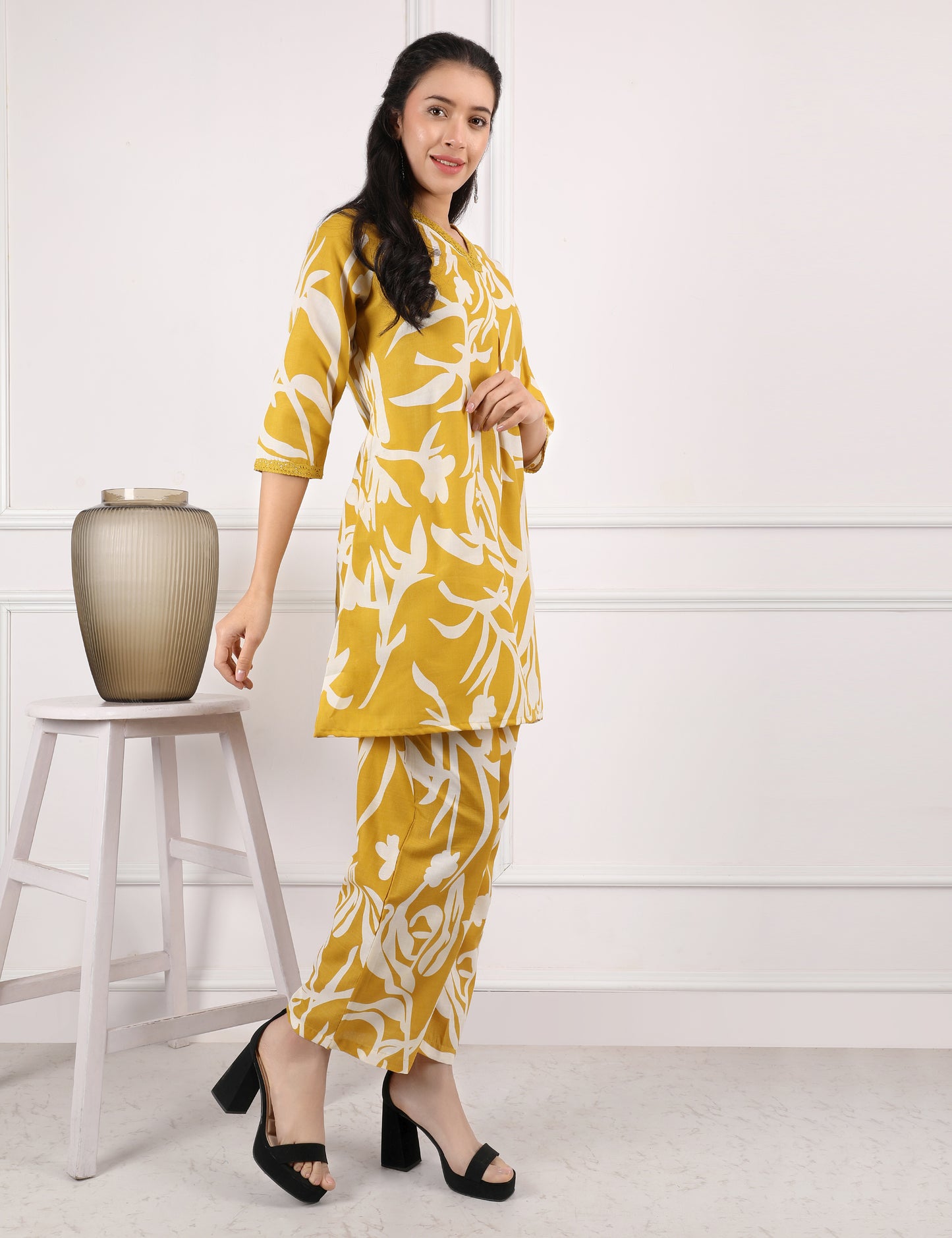 MUSTARD YELLOW COTTON PRINT CO ORD SET