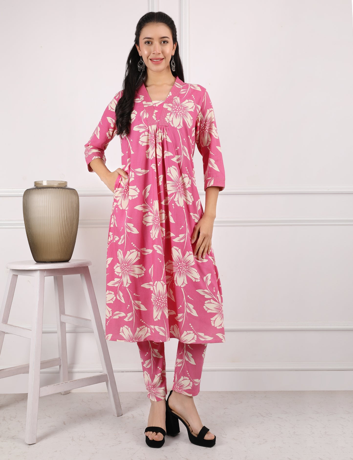 ROSE PINK COTTON PRINT KURTA SET