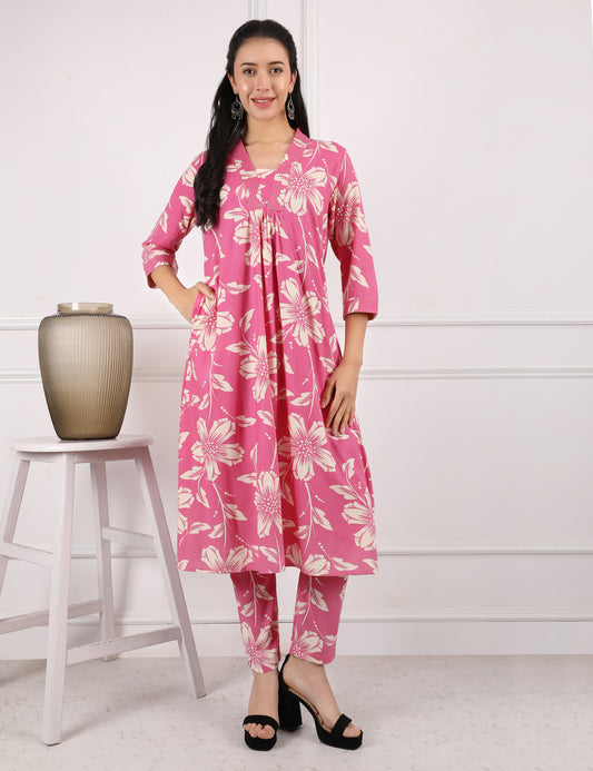 ROSE PINK COTTON PRINT KURTA SET