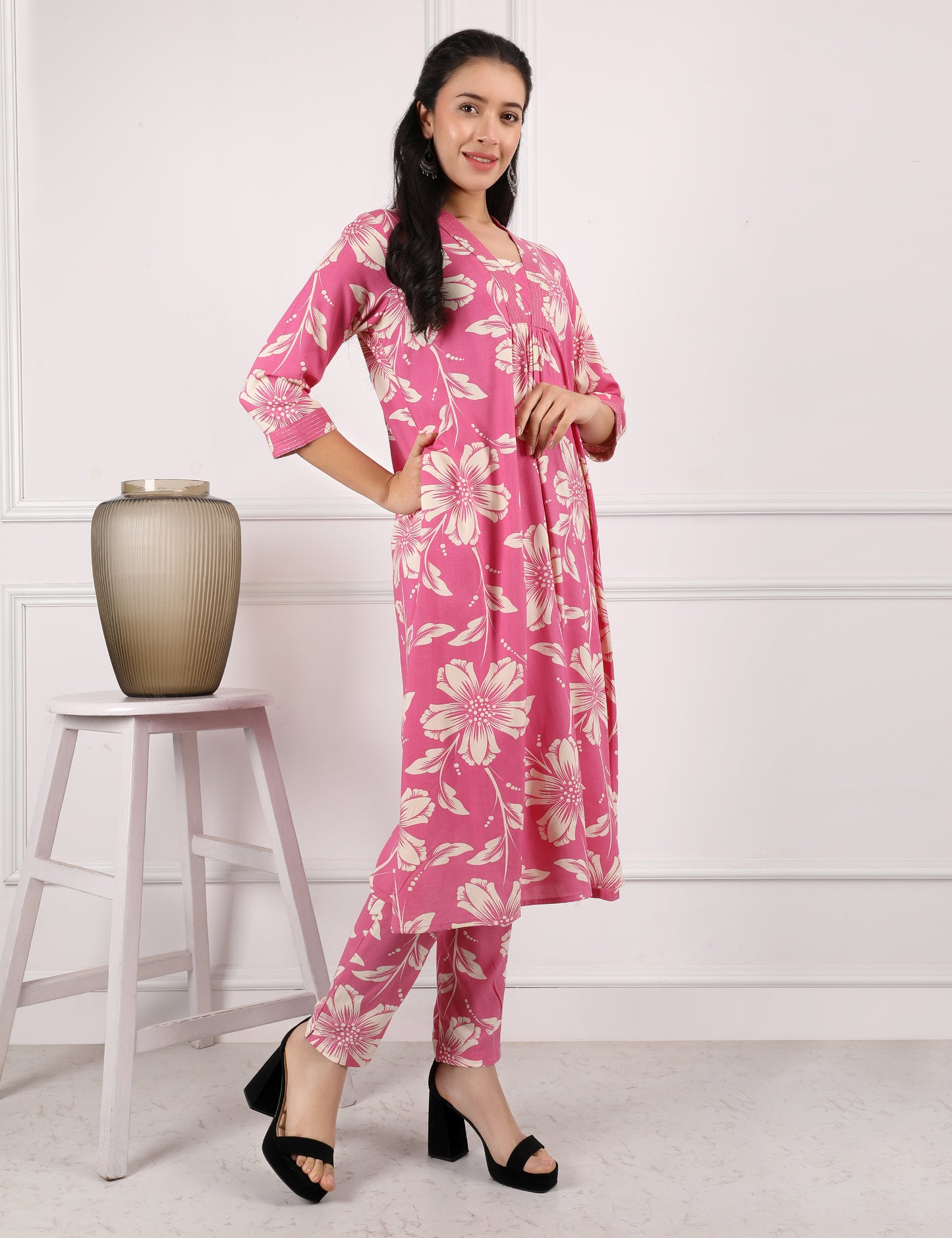 ROSE PINK COTTON PRINT KURTA SET