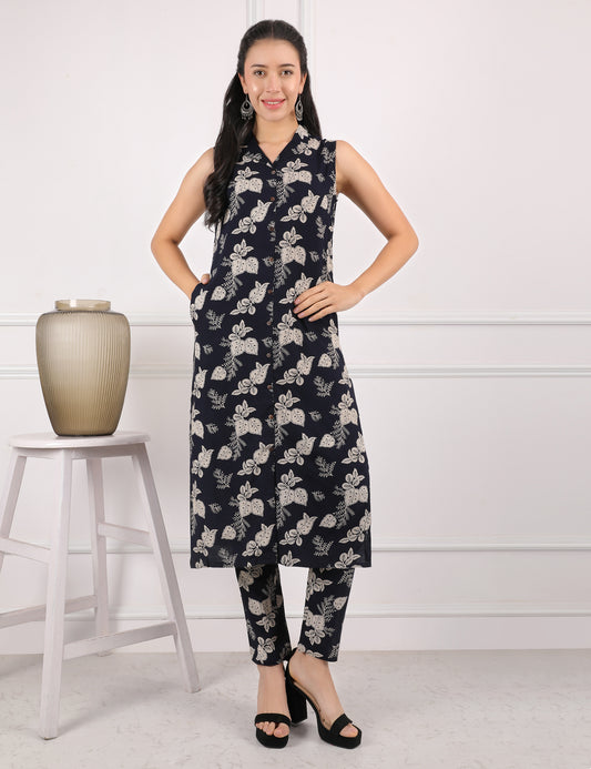 BLACK COTTON PRINT COLLAR KURTA
