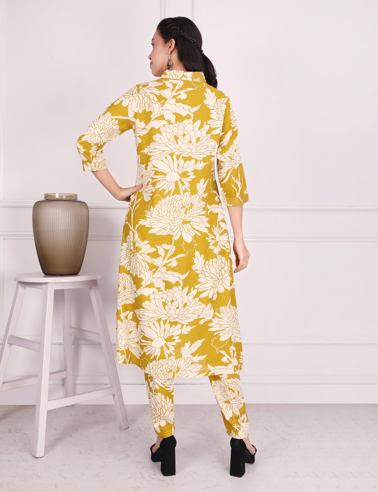 MUSTARD YELLOW COTTON PRINT KURTA SET