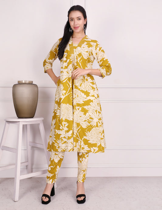 MUSTARD YELLOW COTTON PRINT KURTA SET