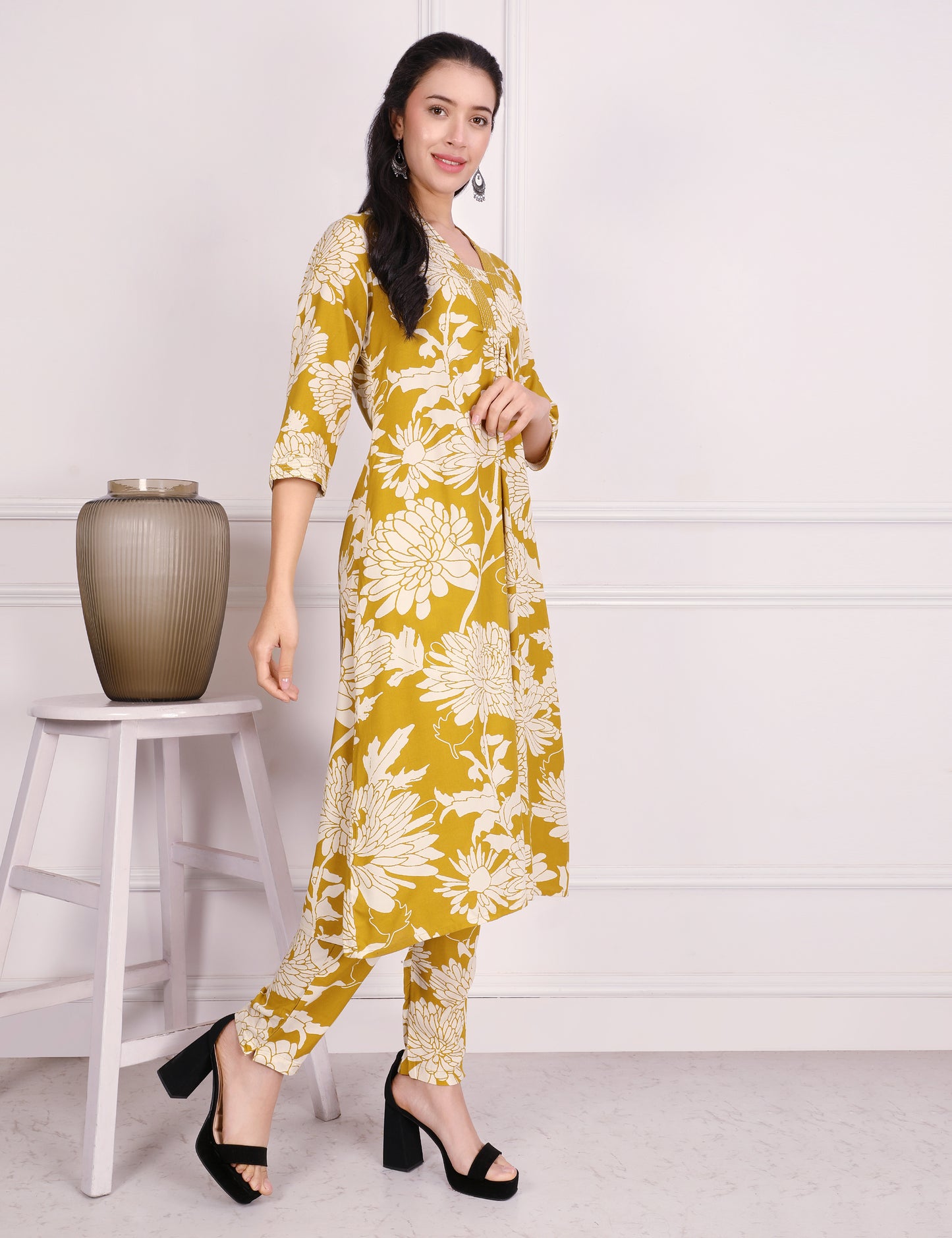 MUSTARD YELLOW COTTON PRINT KURTA SET