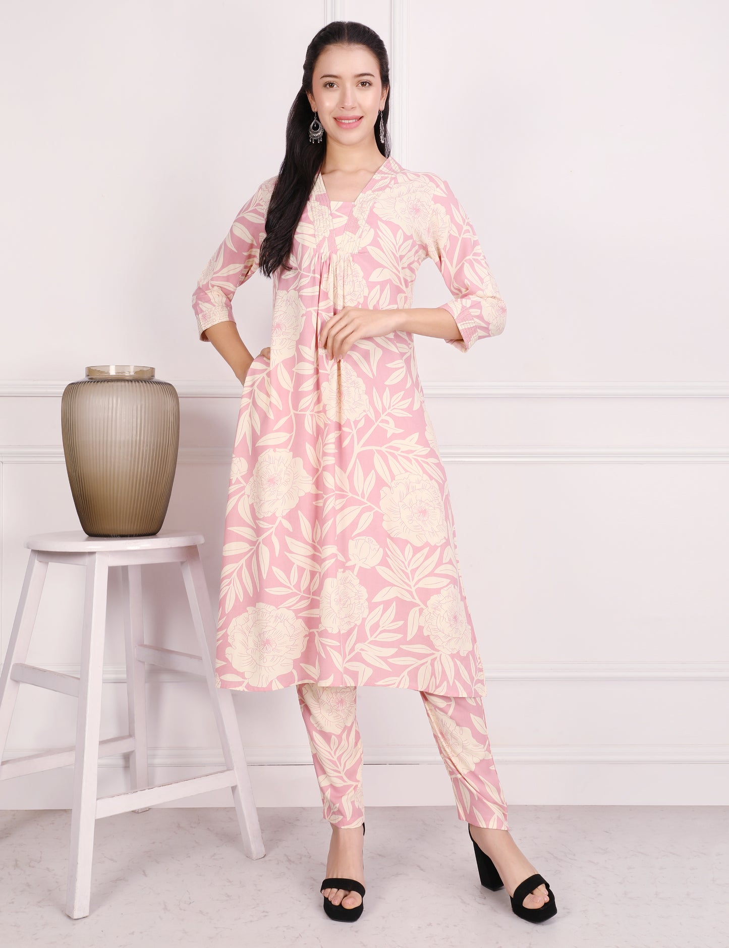 BLUSH PINK COTTON PRINT KURTA SET
