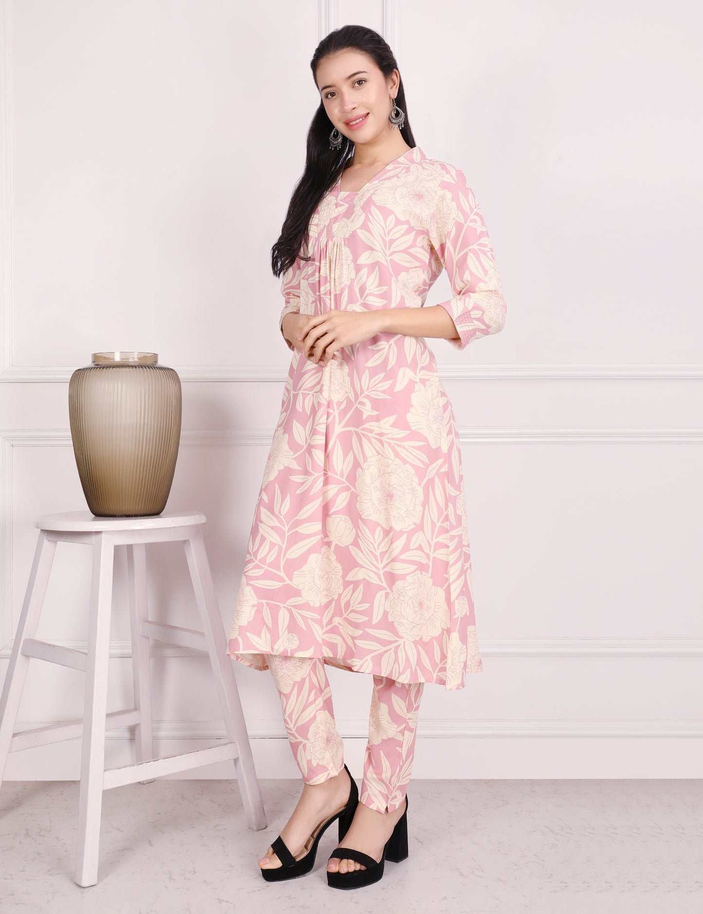 BLUSH PINK COTTON PRINT KURTA SET