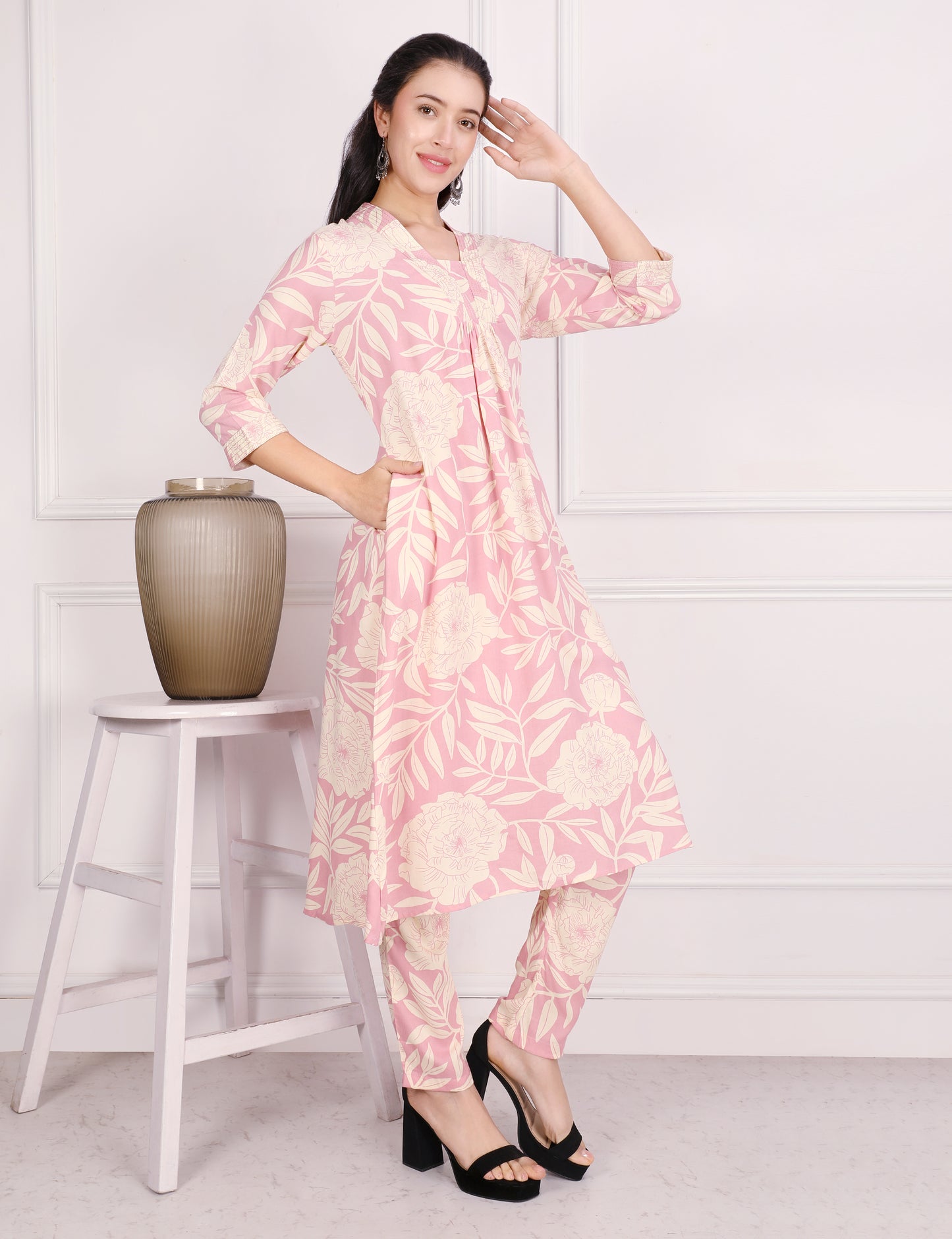 BLUSH PINK COTTON PRINT KURTA SET