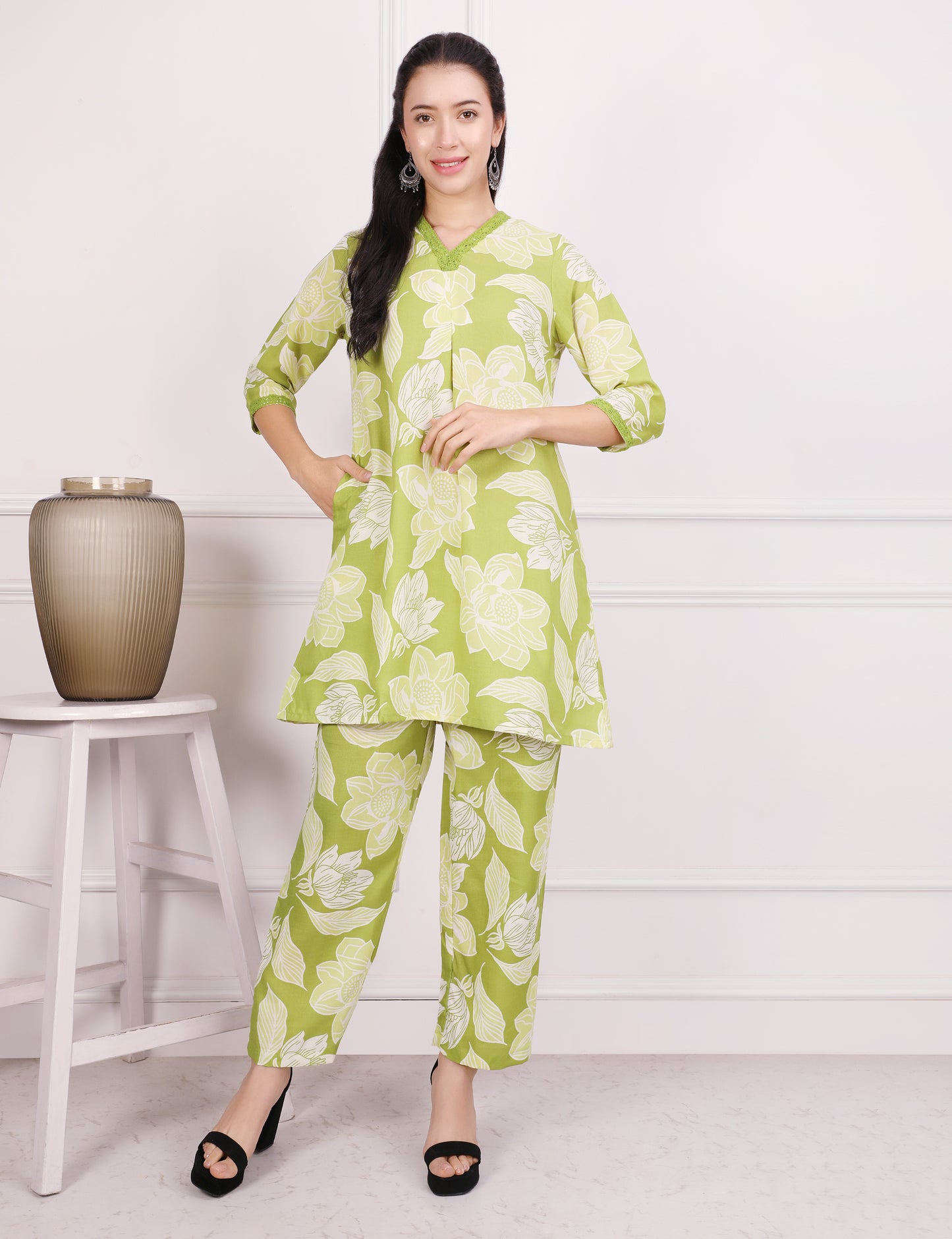 PISTA GREEN COTTON PRINT CO ORD SET
