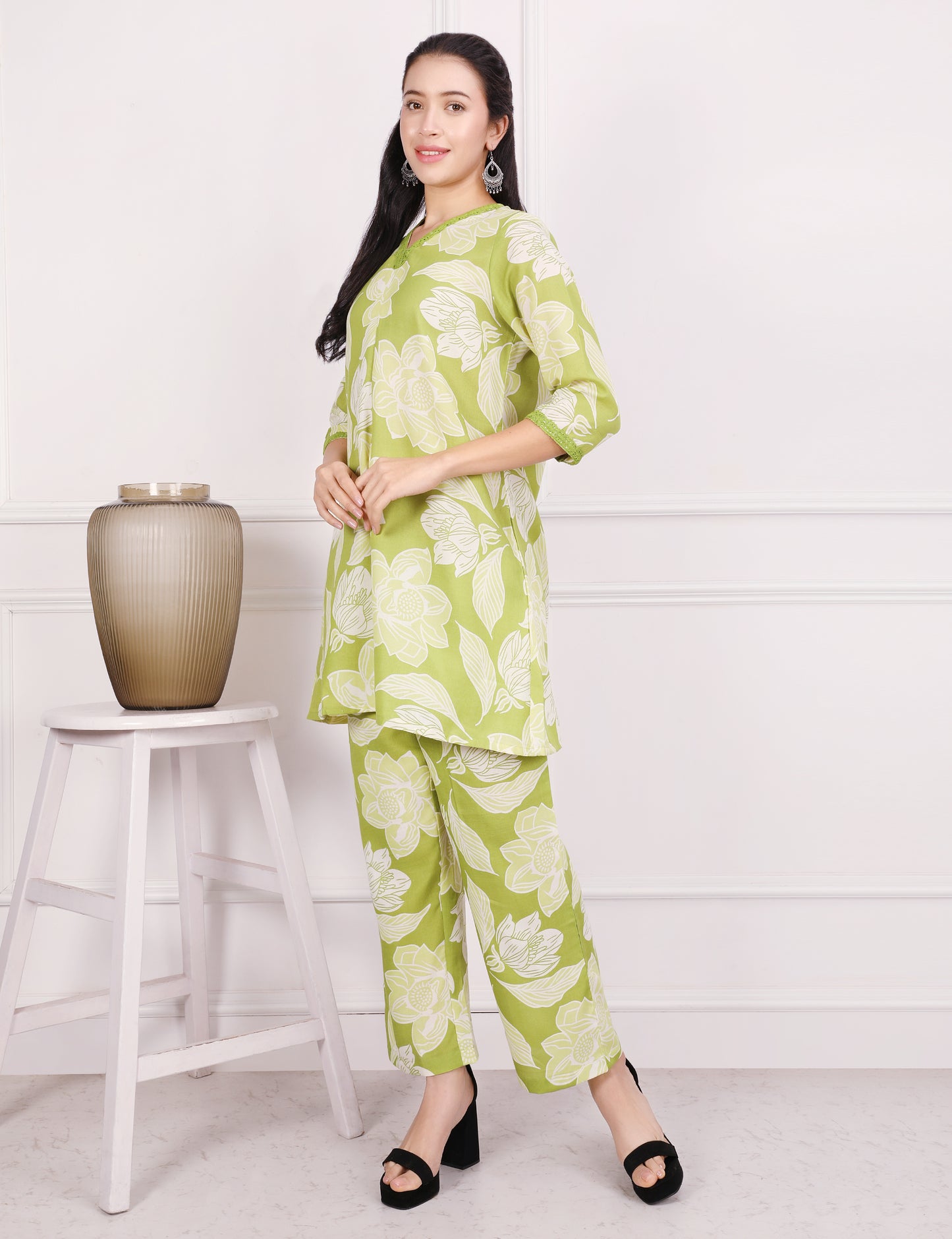 PISTA GREEN COTTON PRINT CO ORD SET