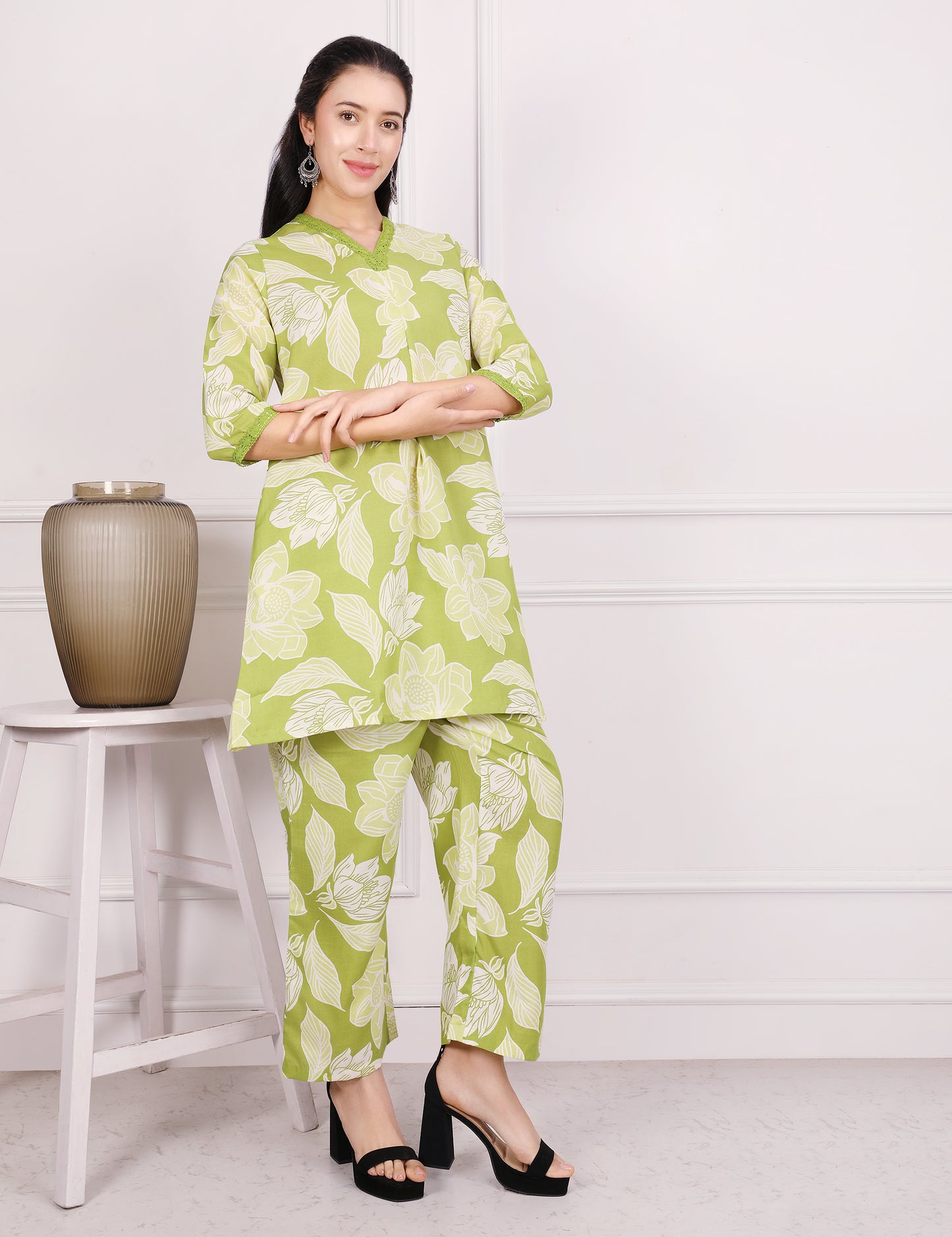 PISTA GREEN COTTON PRINT CO ORD SET