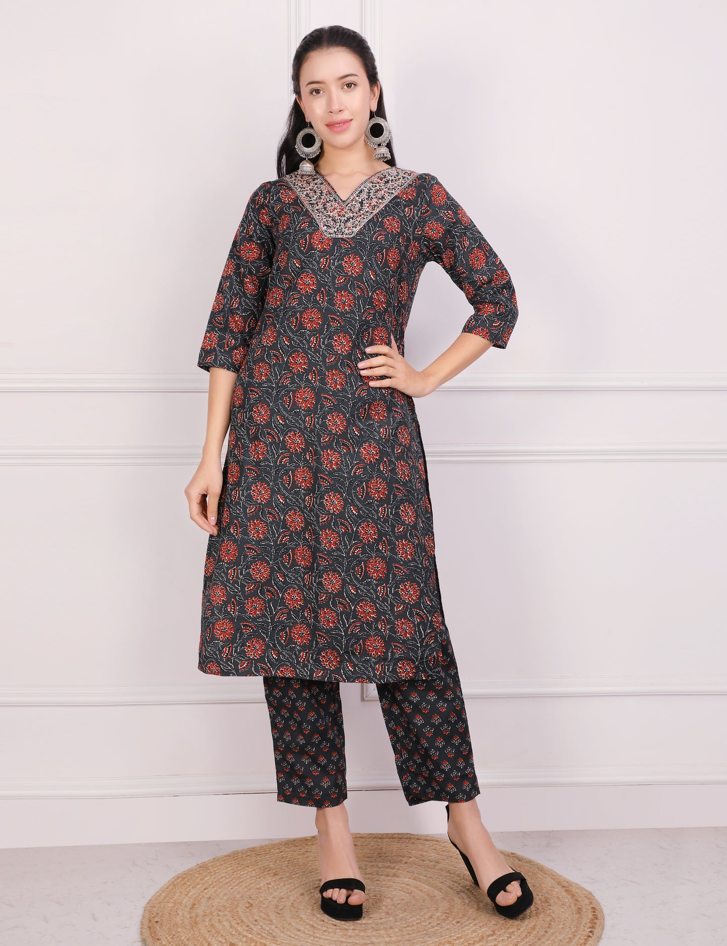 PEACOCK BLUE BLOCK PRINT STRAIGHT SUIT