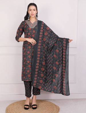 PEACOCK BLUE BLOCK PRINT STRAIGHT SUIT