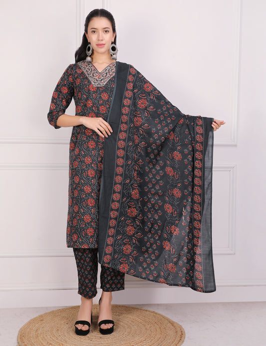 PEACOCK BLUE BLOCK PRINT STRAIGHT SUIT