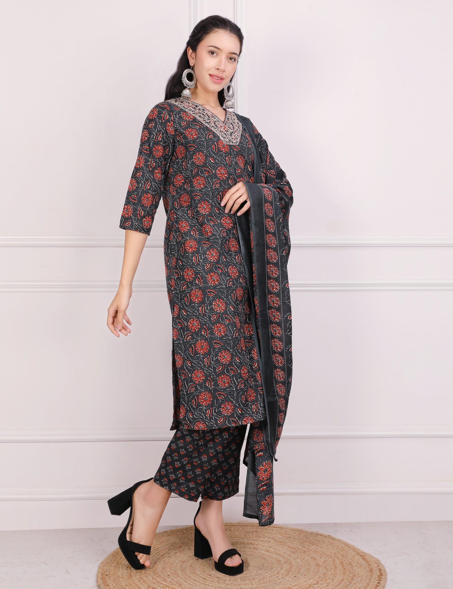 PEACOCK BLUE BLOCK PRINT STRAIGHT SUIT