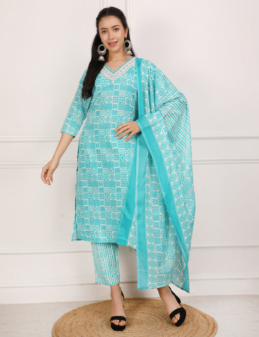AQUA BLUE COTTON PRINT STRAIGHT SUIT