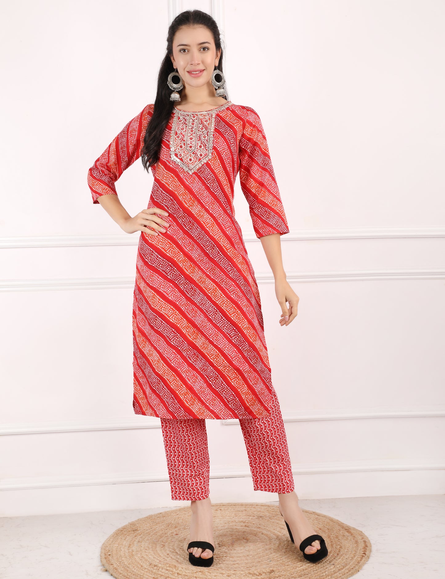RED BANDHANI PRINT COTTON STRAIGHT SUIT