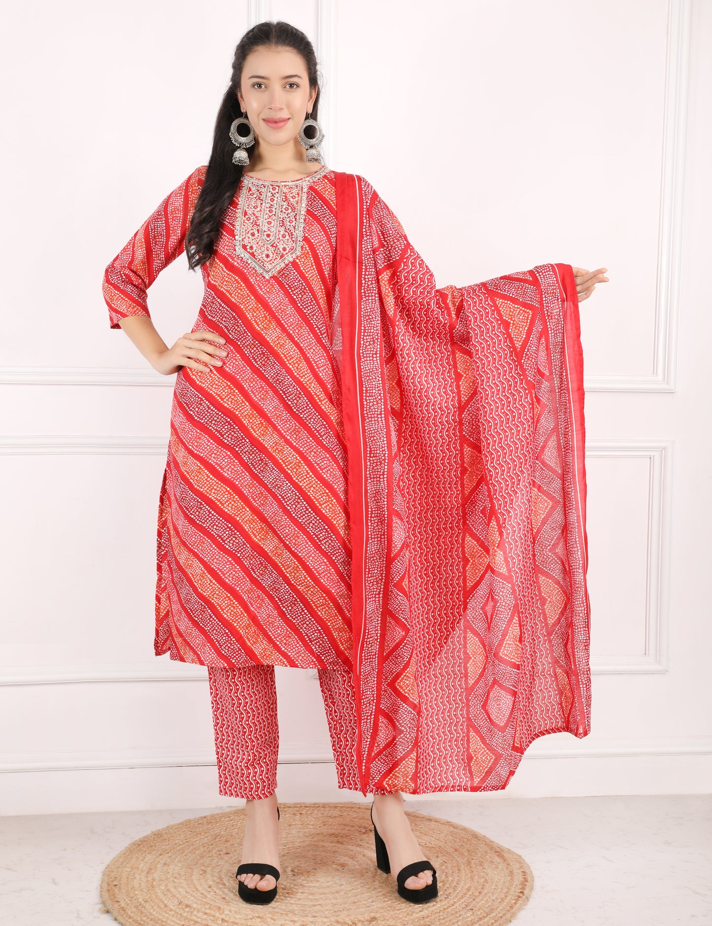 RED BANDHANI PRINT COTTON STRAIGHT SUIT