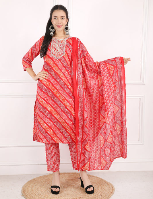 RED BANDHANI PRINT COTTON STRAIGHT SUIT