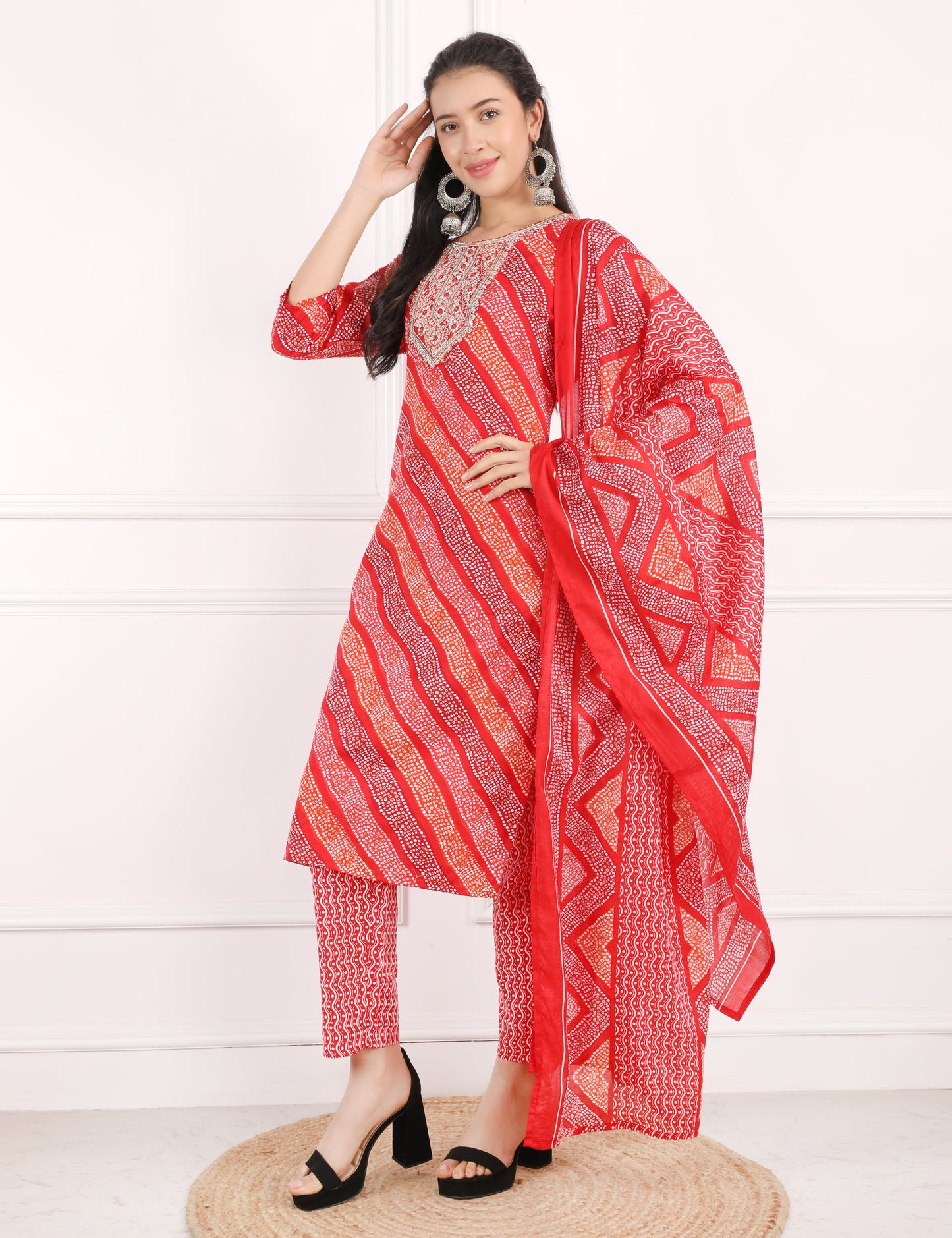 RED BANDHANI PRINT COTTON STRAIGHT SUIT