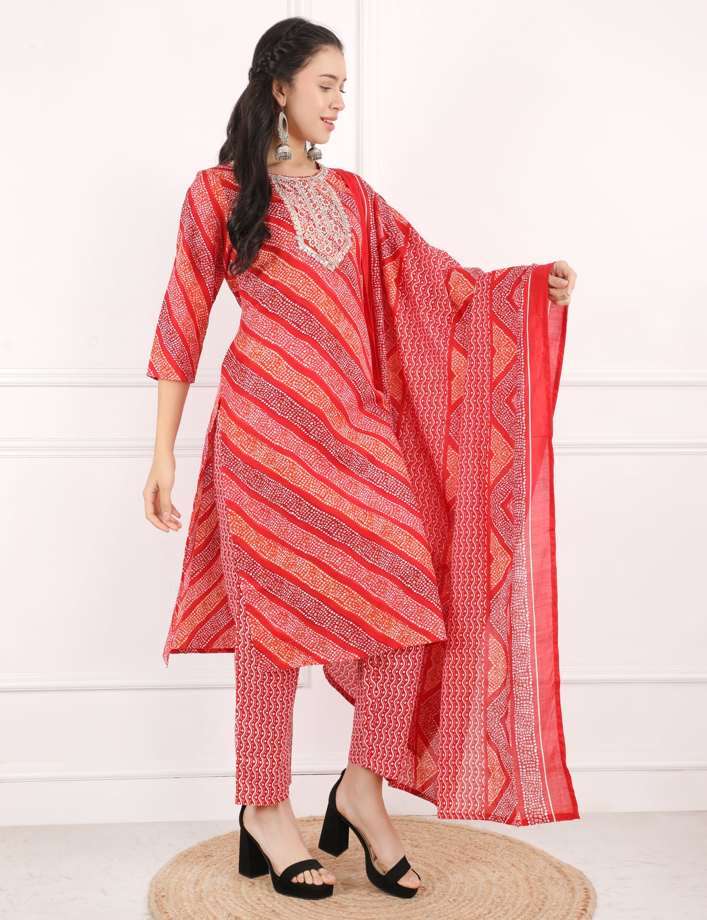 RED BANDHANI PRINT COTTON STRAIGHT SUIT
