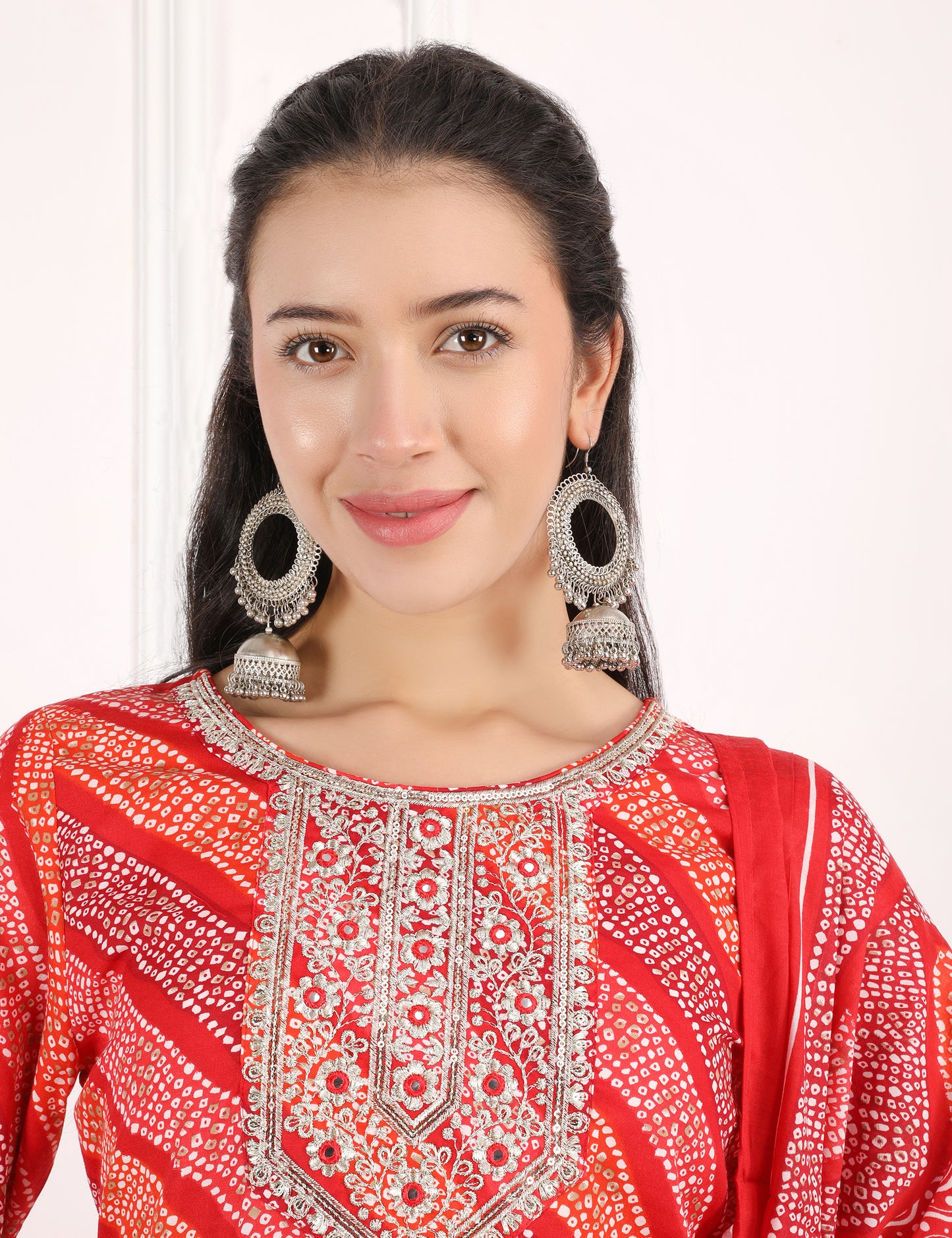 RED BANDHANI PRINT COTTON STRAIGHT SUIT