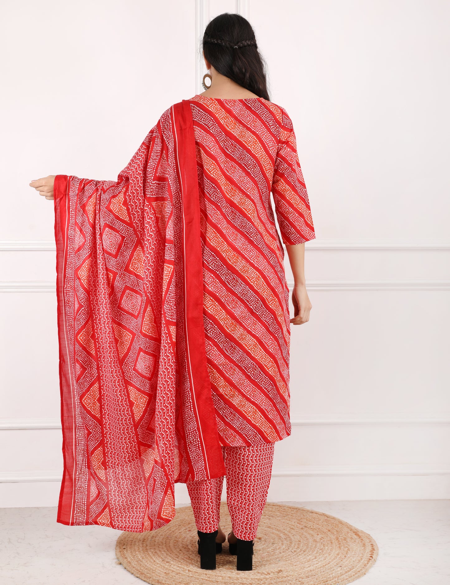 RED BANDHANI PRINT COTTON STRAIGHT SUIT