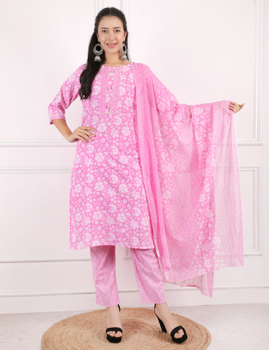REFRESHING PINK COTTON PRINT STARIGHT SUIT WITH DUPATTA