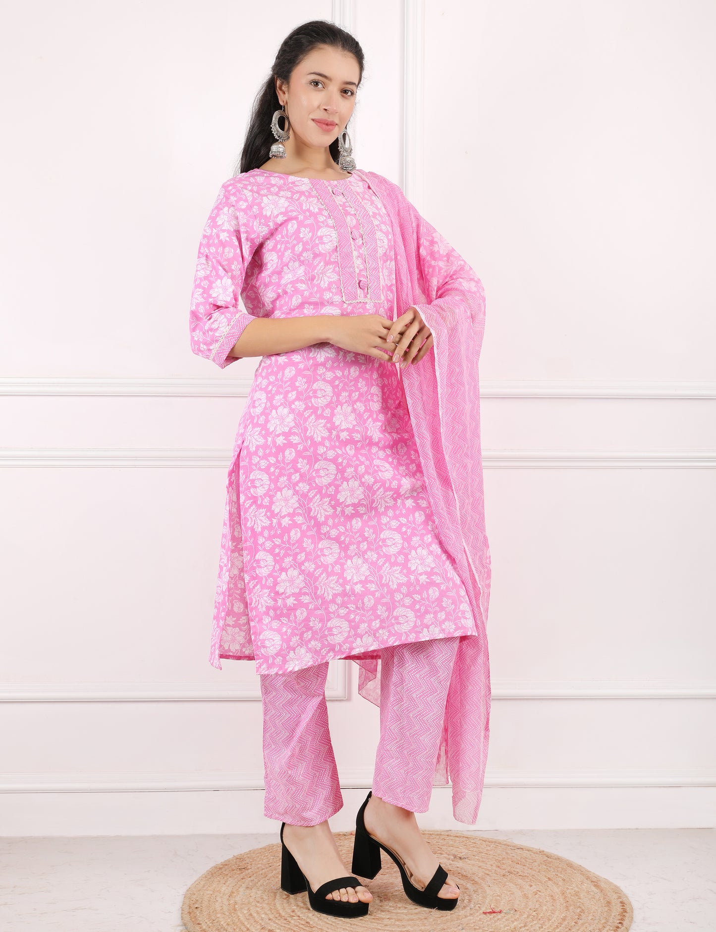 REFRESHING PINK COTTON PRINT STARIGHT SUIT WITH DUPATTA