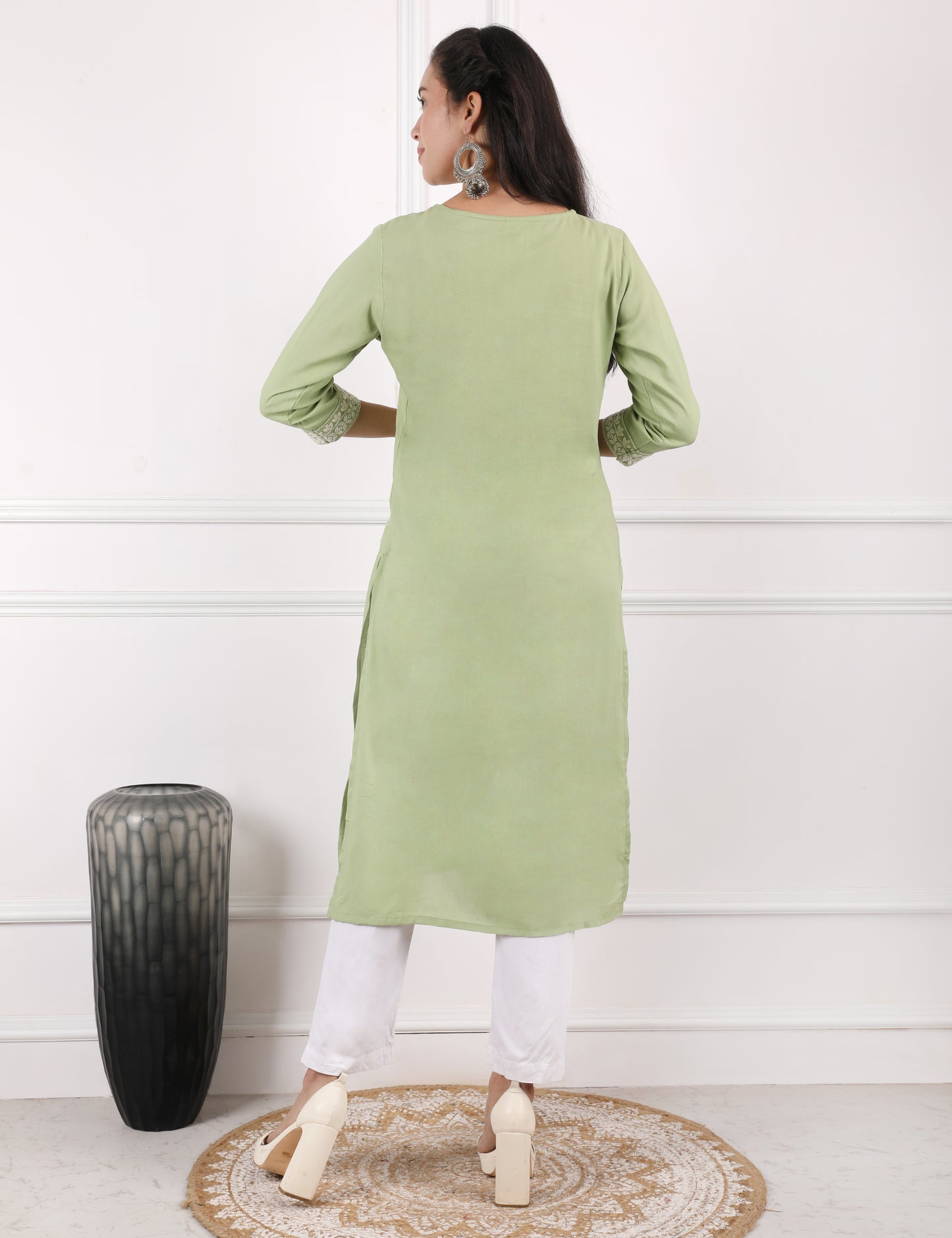 PASTEL GREEN REYON CHIKAN WORK KURTI