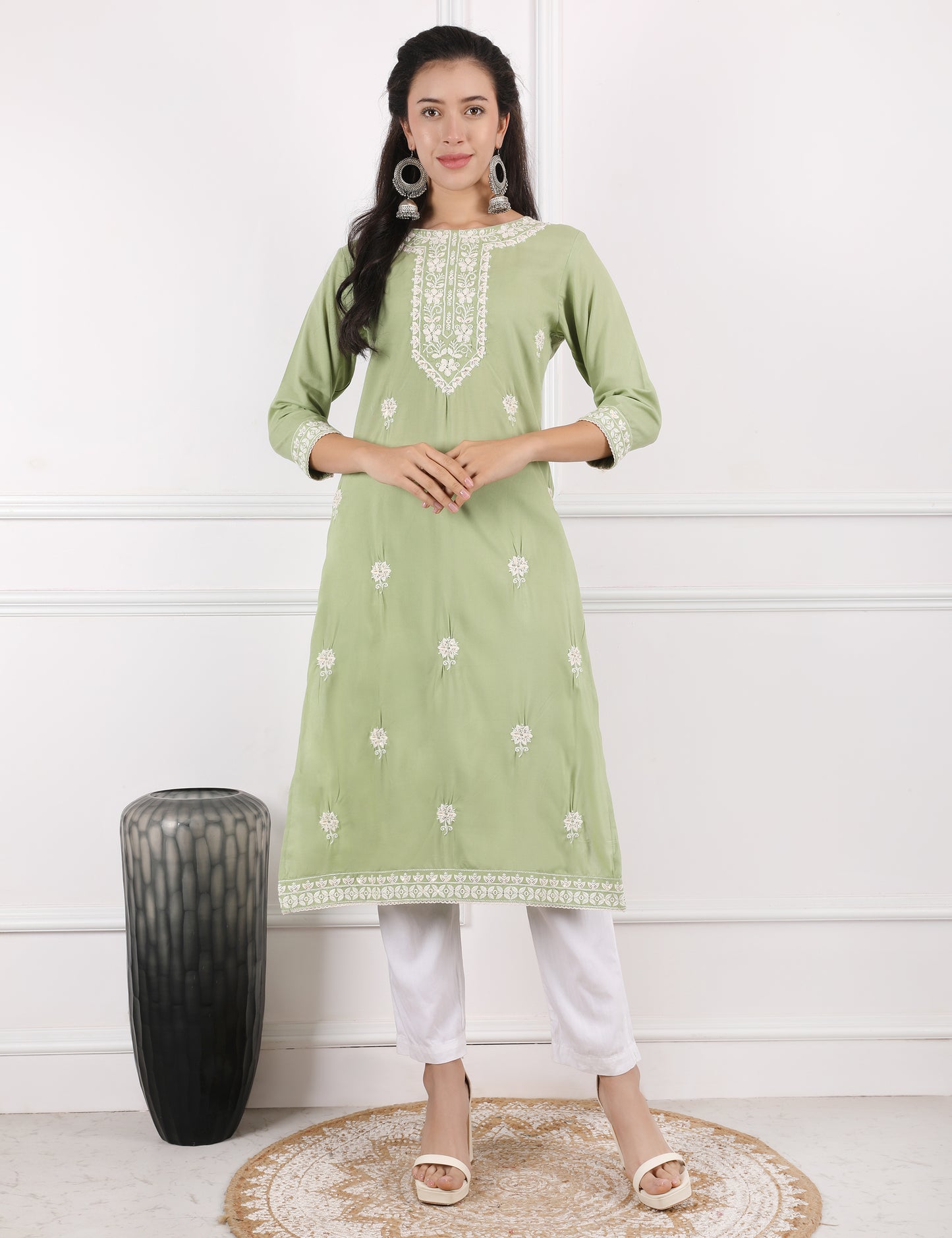 PASTEL GREEN REYON CHIKAN WORK KURTI