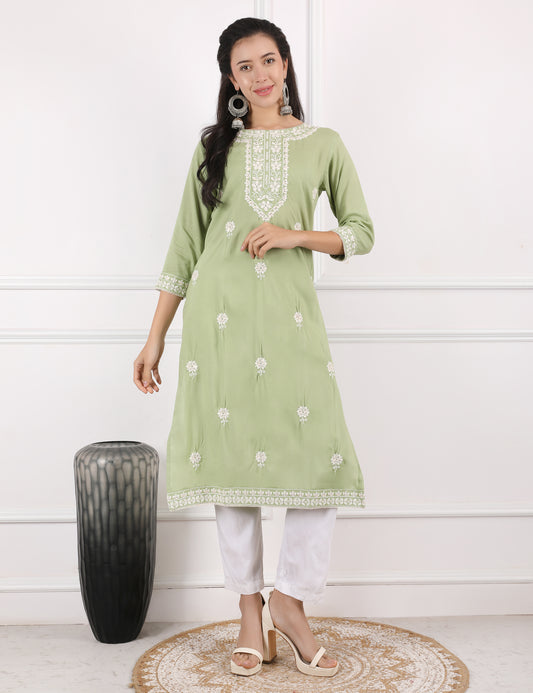 PASTEL GREEN REYON CHIKAN WORK KURTI