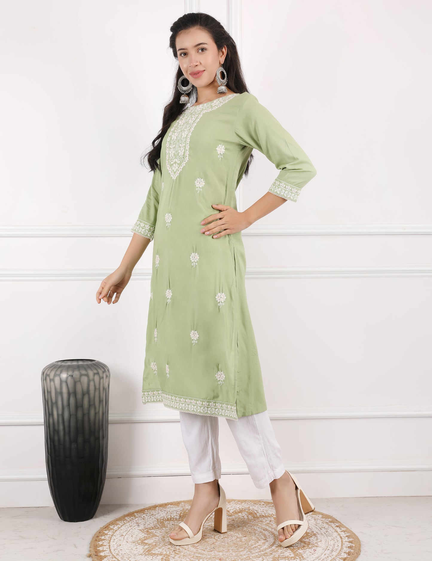 PASTEL GREEN REYON CHIKAN WORK KURTI